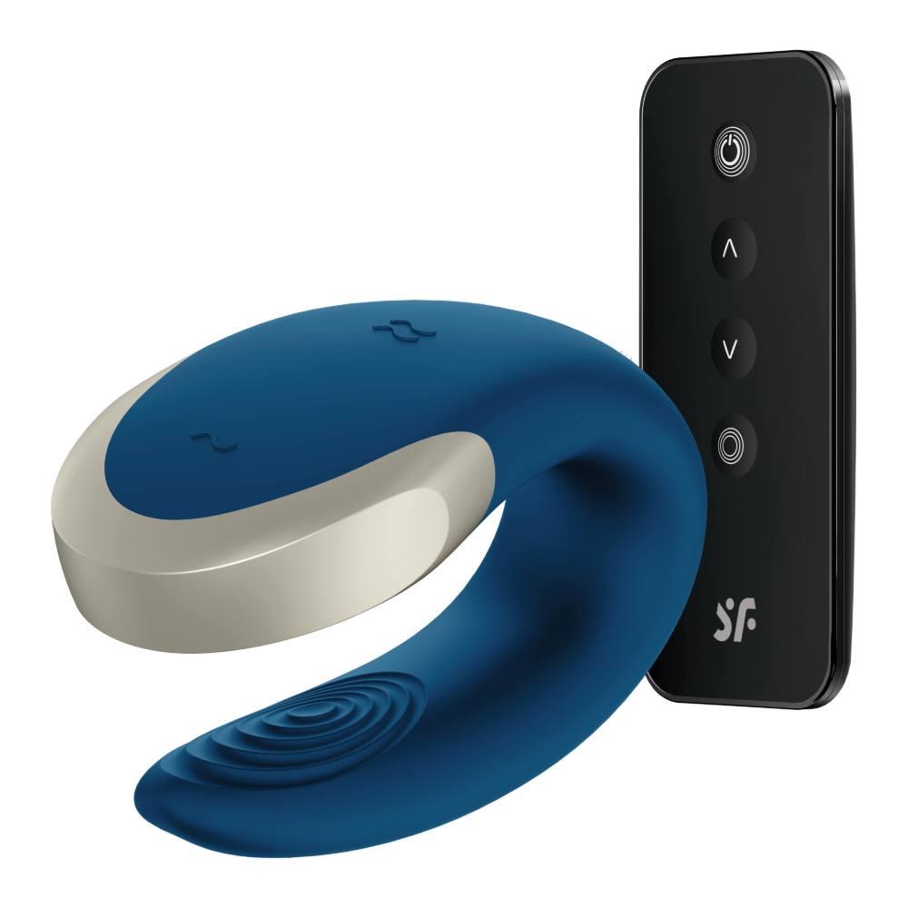 Stimulator clitoridian Satisfyer Double Love Blue cu telecomandă USB