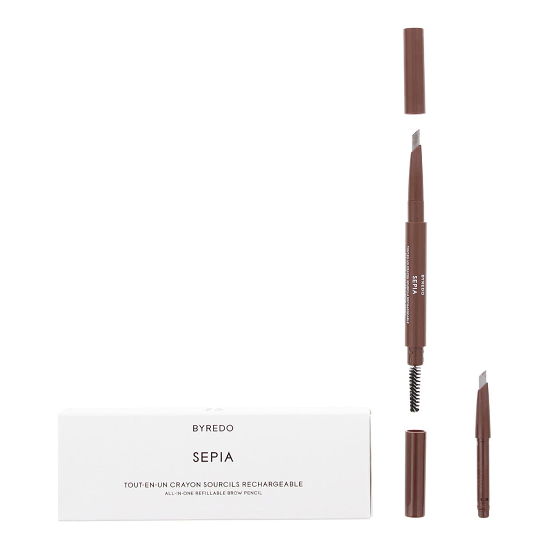 Byredo, All-In-One, Precizie, Cu două capete, Creion pentru sprâncene cu cremă și perie 2-în-1, 02, Sepia, 0.5 g