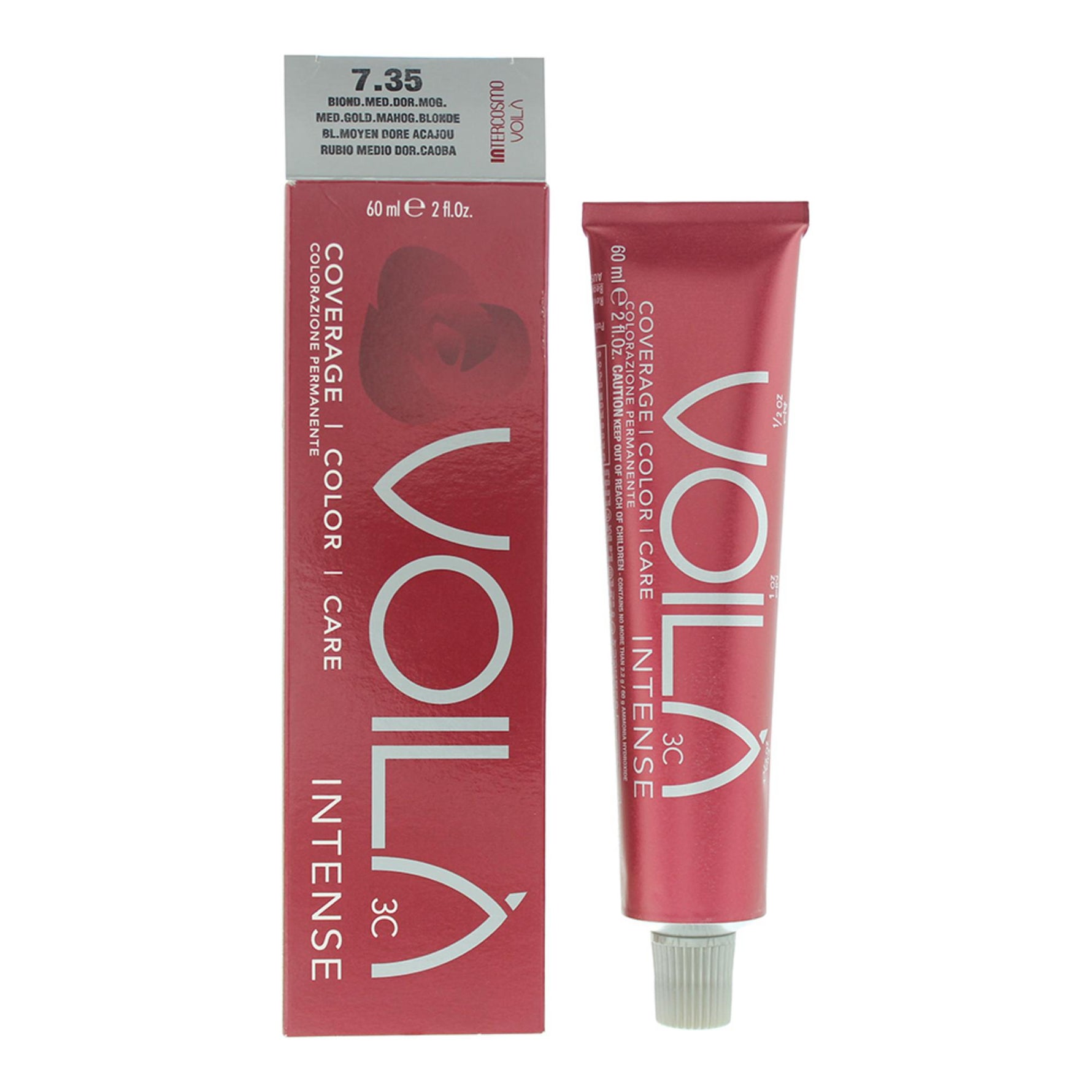Intercosmo, Voila 3C Intense, Vopsea permanentă de păr, 7.35 Medium Golden Mahogany Blonde, 60 ml