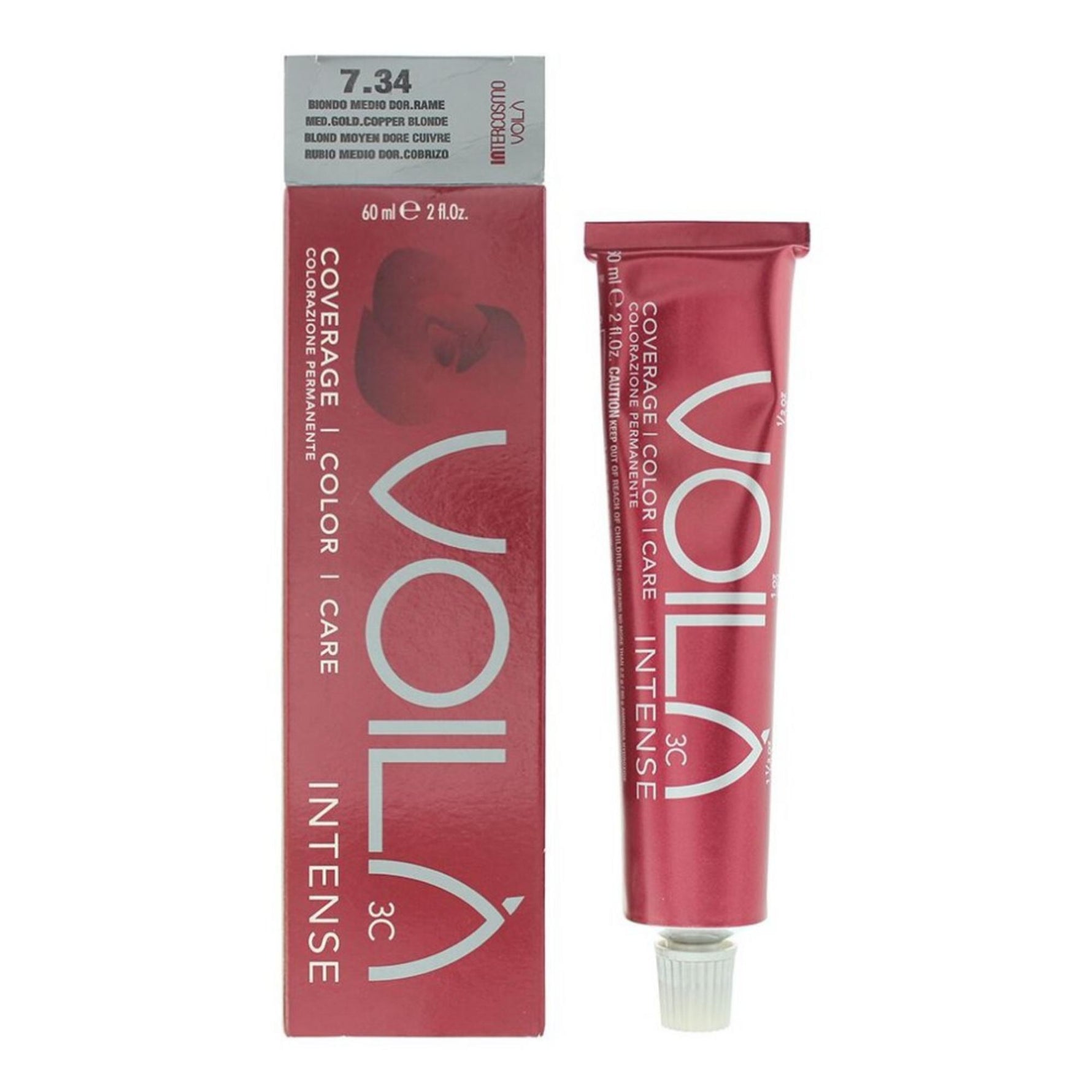 Intercosmo, Voila 3C Intense, Vopsea permanentă de păr, 7.34 Medium Golden Copper Blonde, 60 ml