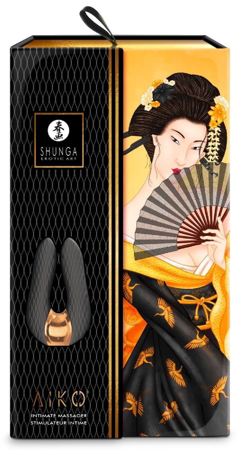 Vibrator dublu Shunga Aiko din silicon, negru, USB, 11 cm