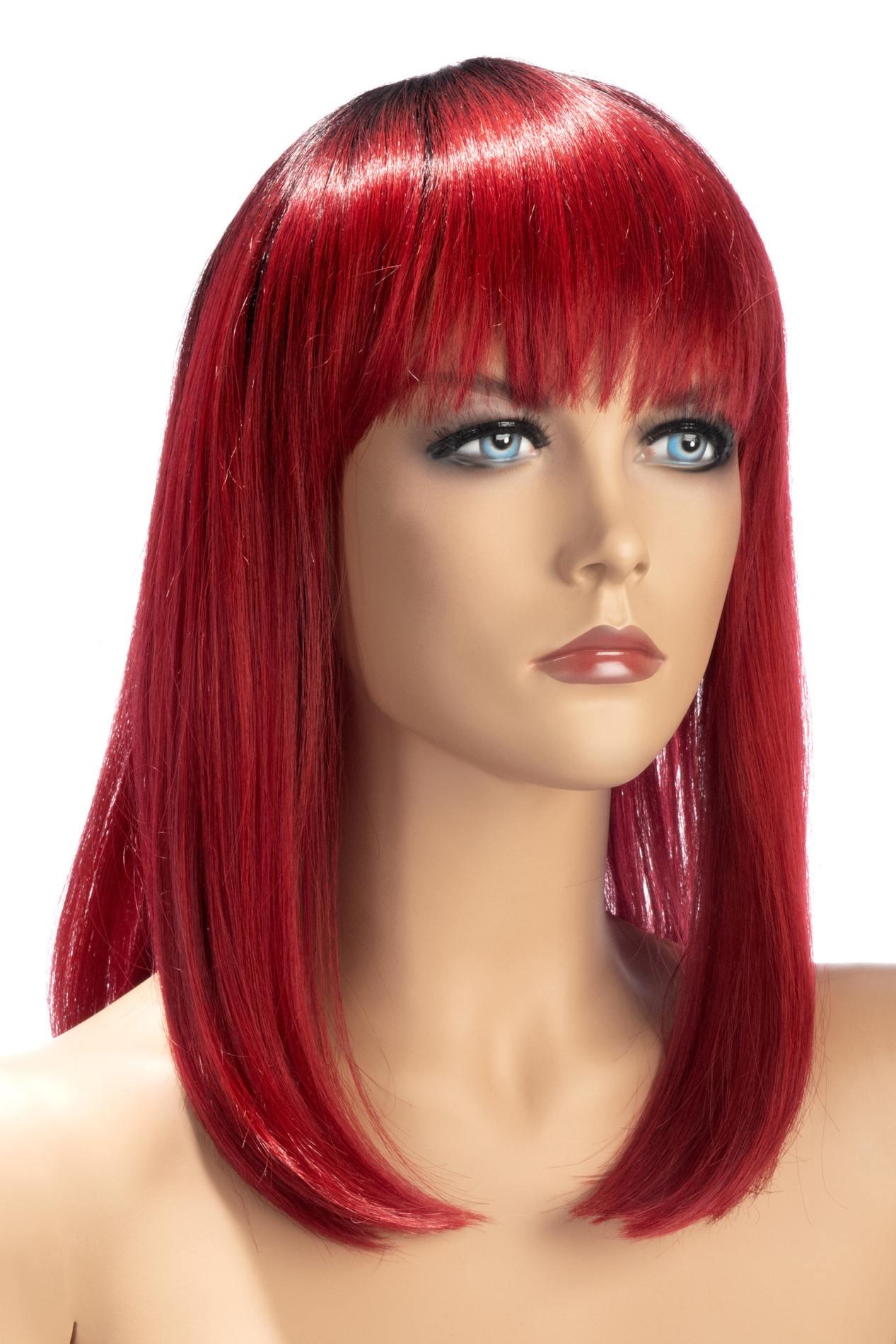 Perucă lungă strălucitoare roșu închis cu breton Elvira World Wigs