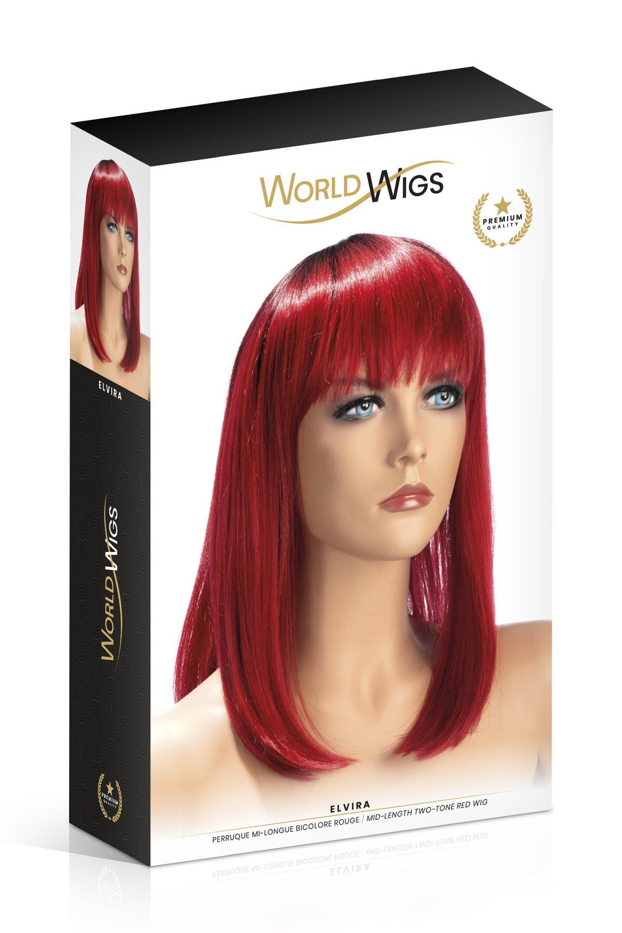 Perucă lungă strălucitoare roșu închis cu breton Elvira World Wigs