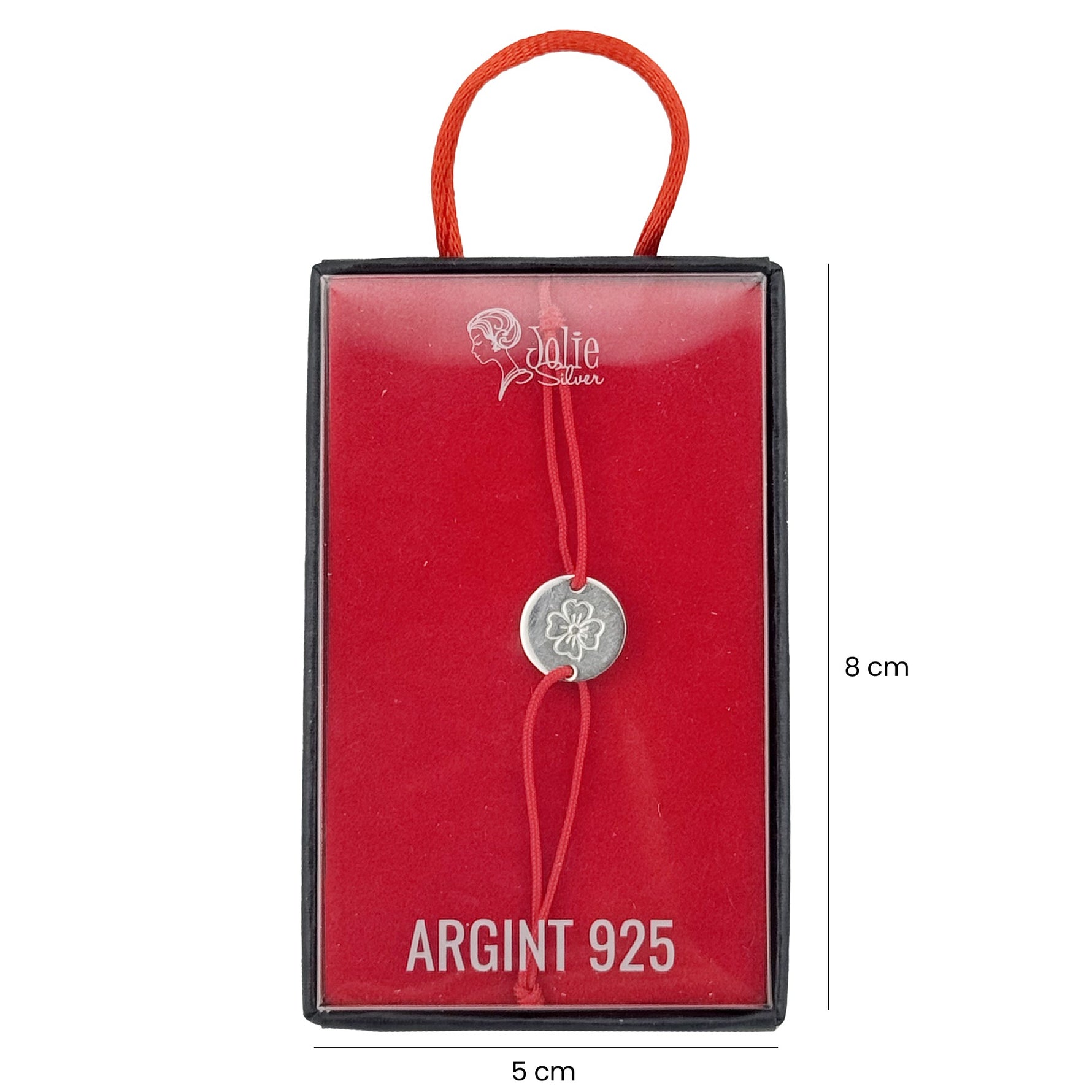 Martisor Bratara Argint 925, Jolie, Model Trifoi Gravat, Martisor de 1 Martie, cu Snur Rosu, Argintiu