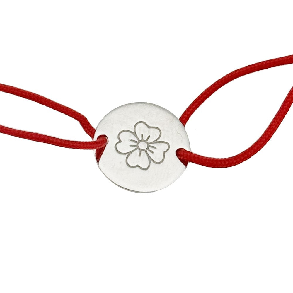 Martisor Bratara Argint 925, Jolie, Model Trifoi Gravat, Martisor de 1 Martie, cu Snur Rosu, Argintiu