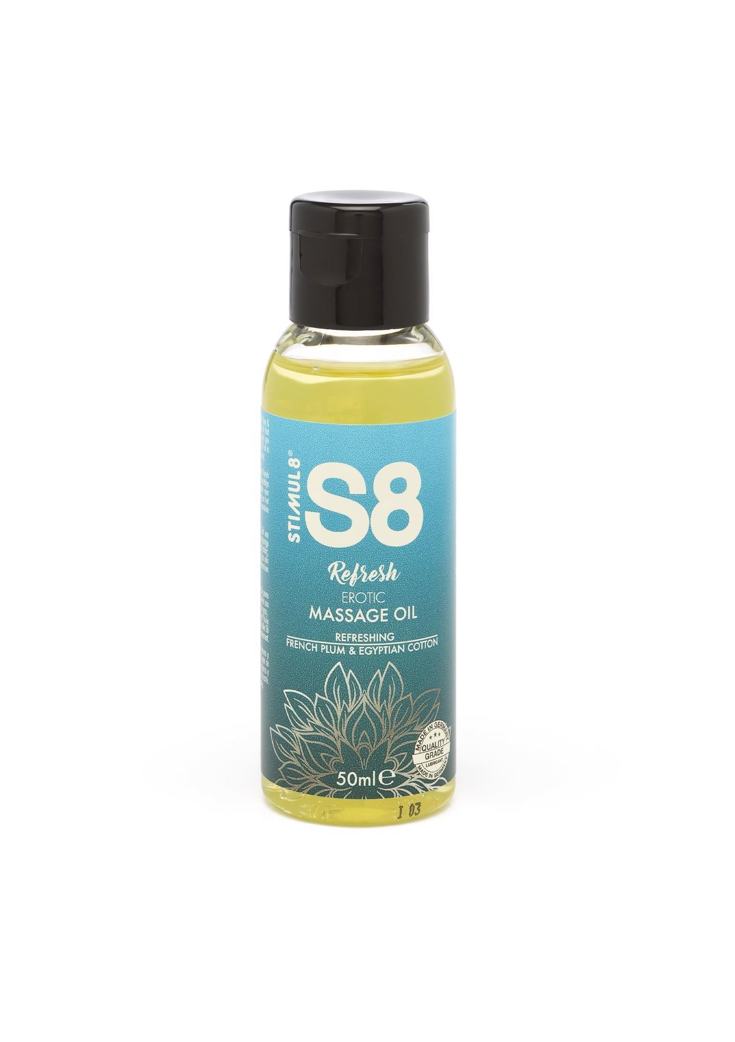 Ulei de masaj Stimul8 S8 cu prune franceze și bumbac egiptean 50 ml