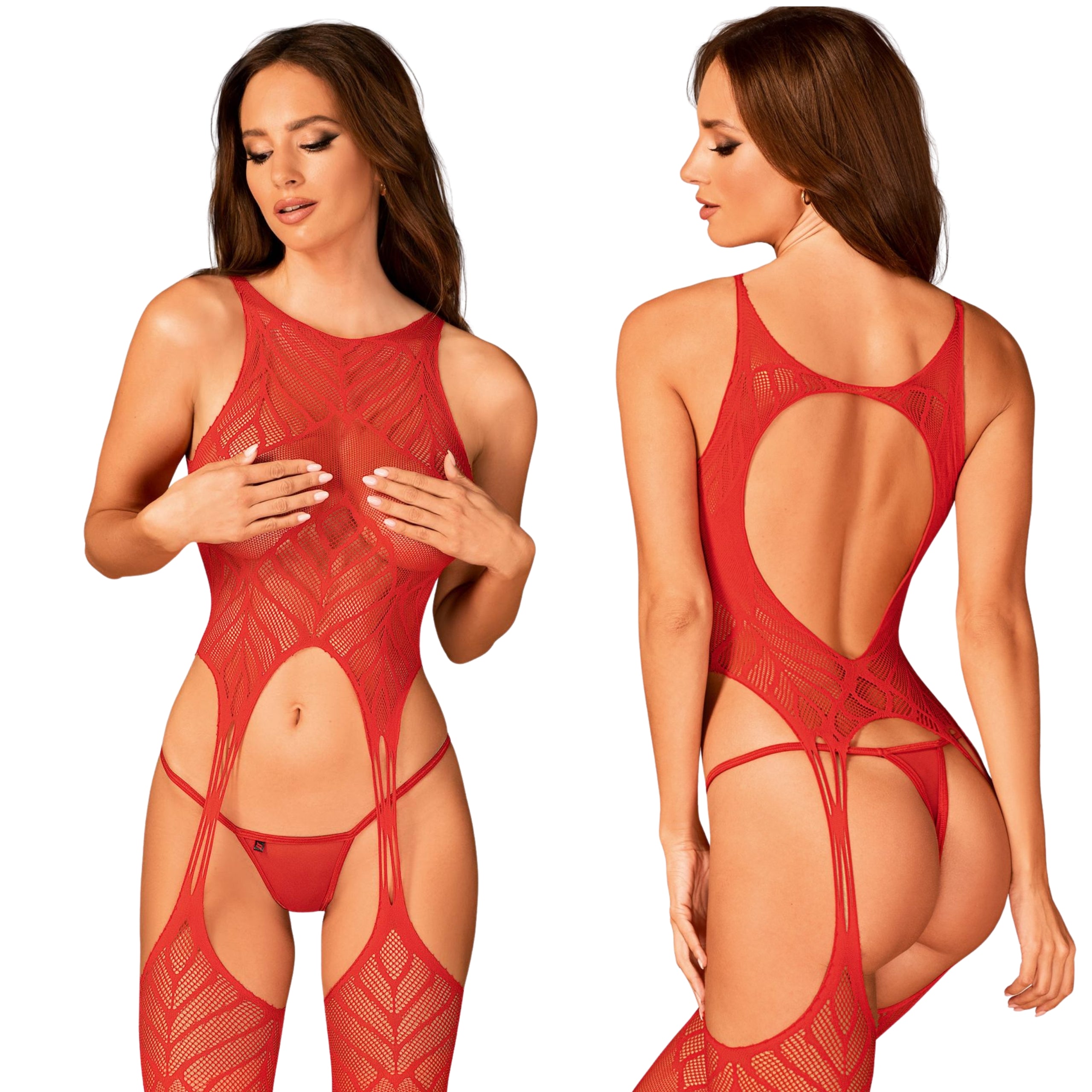 Bodystocking Obsessive N122 roșu geometric XL XXL