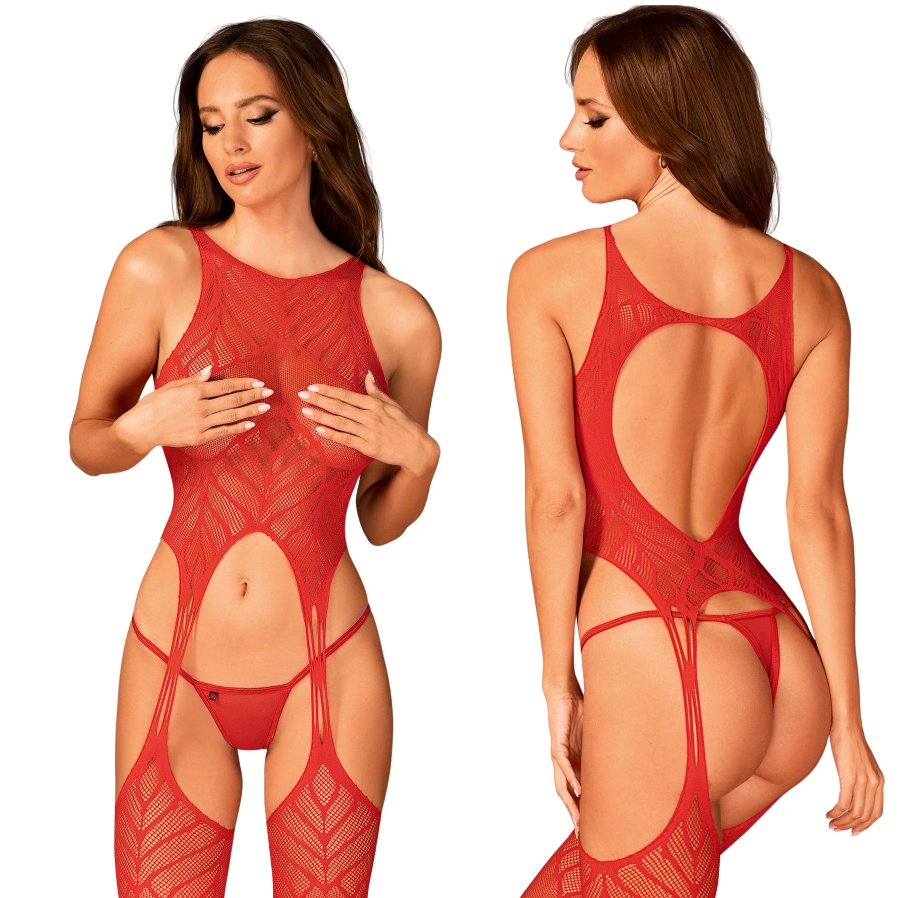 Bodystocking Obsessive N122 roșu geometric XL XXL