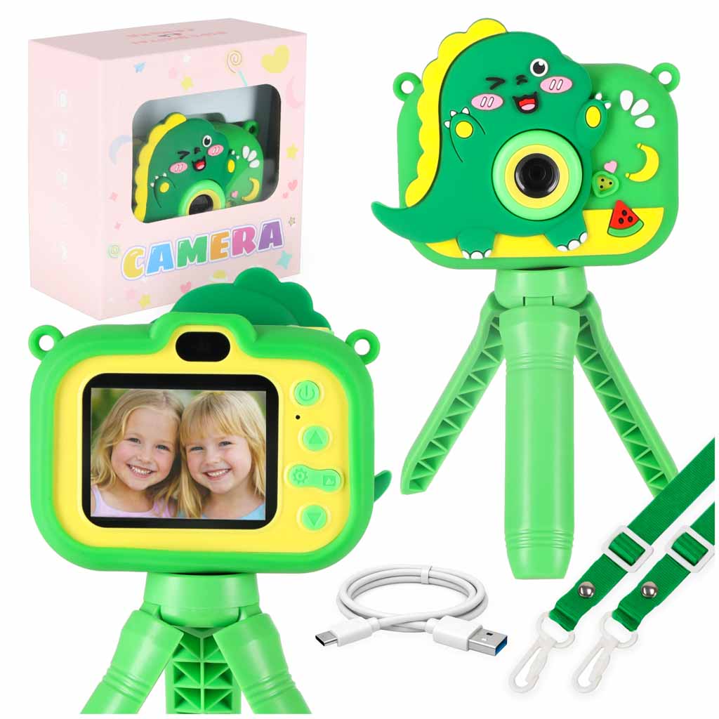 Aparat foto digital pentru copii pe trepied, verde dinozaur, 8GB
