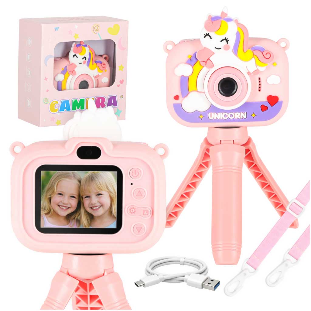 Aparat foto digital pentru copii pe trepied, roz unicorn, 8GB