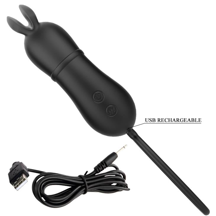 Vibrator USB Pretty Love Rosalie din silicon negru, cu aspect de iepuraș