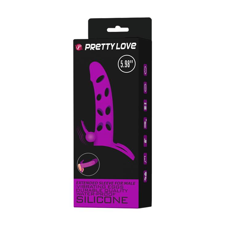 Pretty Love Extensor vibrant pentru penis din silicon cu curea, negru, 17 cm