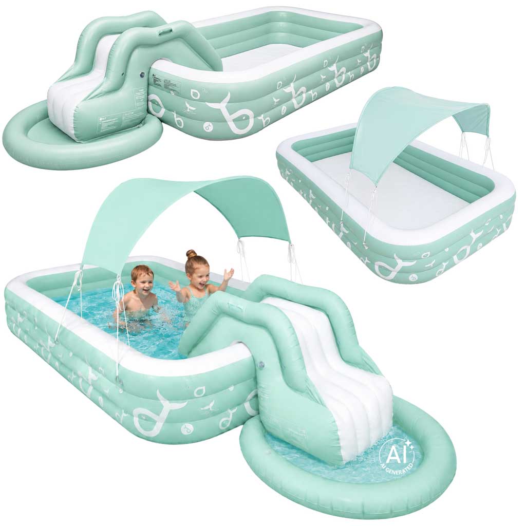 Piscină de grădină pentru copii cu tobogan gonflabil, acoperiș și pompă