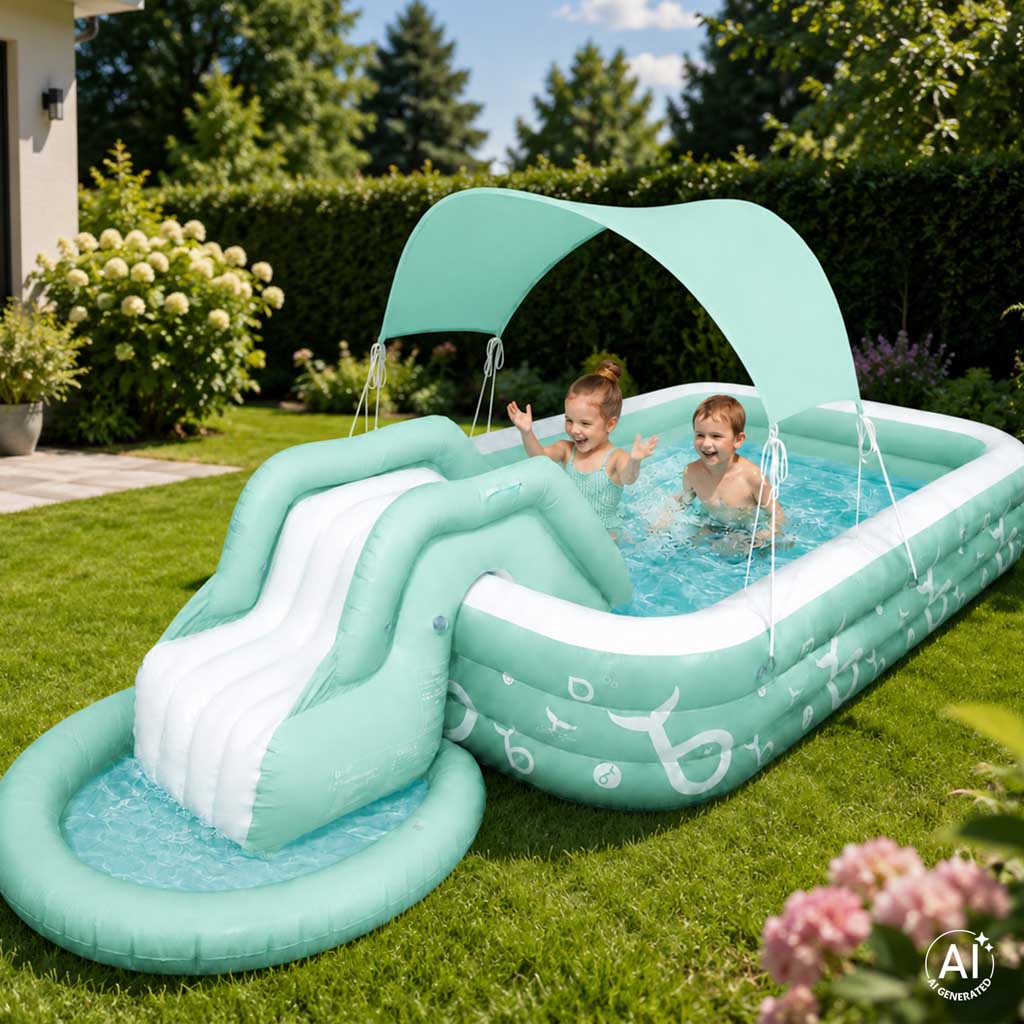 Piscină de grădină pentru copii cu tobogan gonflabil, acoperiș și pompă