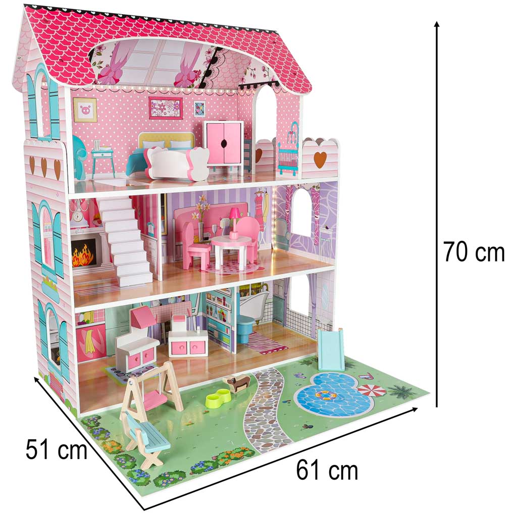 Casă de păpuși din lemn Lulilo Gardeno cu mobilier de grădină 70 cm LED roz