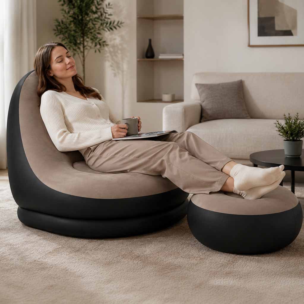Șezlong cu suport pentru picioare, canapea gonflabilă, puf, pompă, set 2 în 1