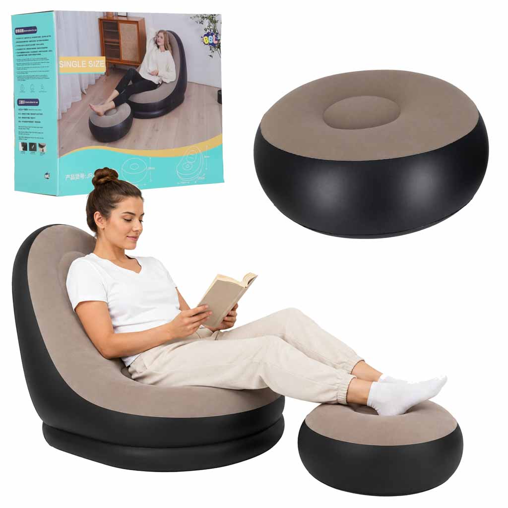 Șezlong cu suport pentru picioare, canapea gonflabilă, puf, pompă, set 2 în 1