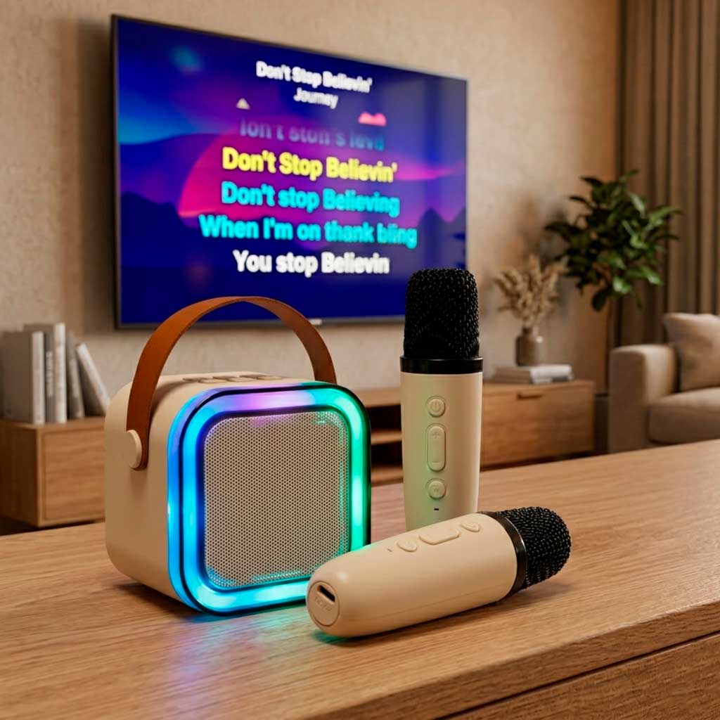 Set boxe karaoke cu 2 microfoane, bej
