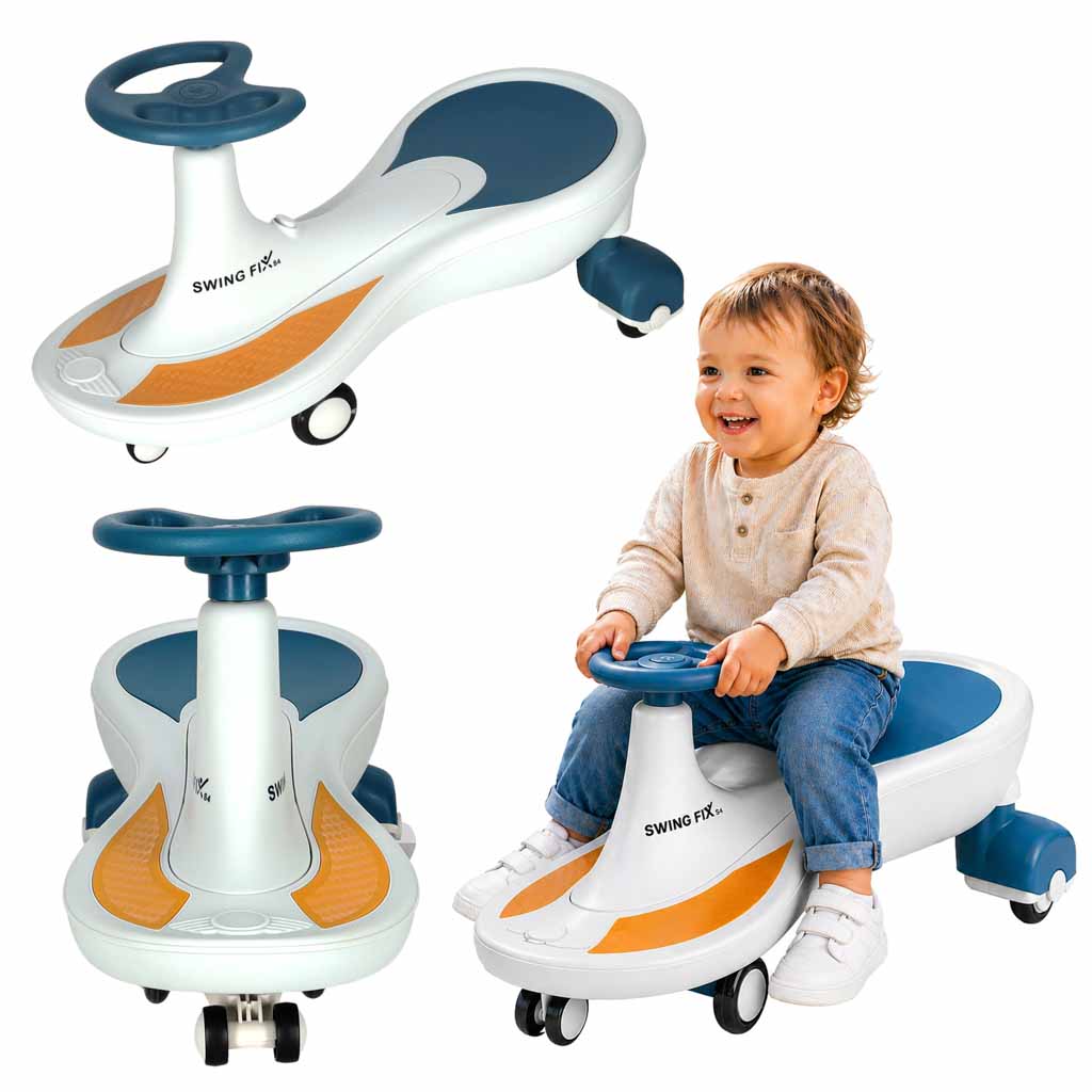 Swing Fix S4 cu LED-uri, roți luminoase, muzică, 76 cm, albastru și alb, max. 100 kg