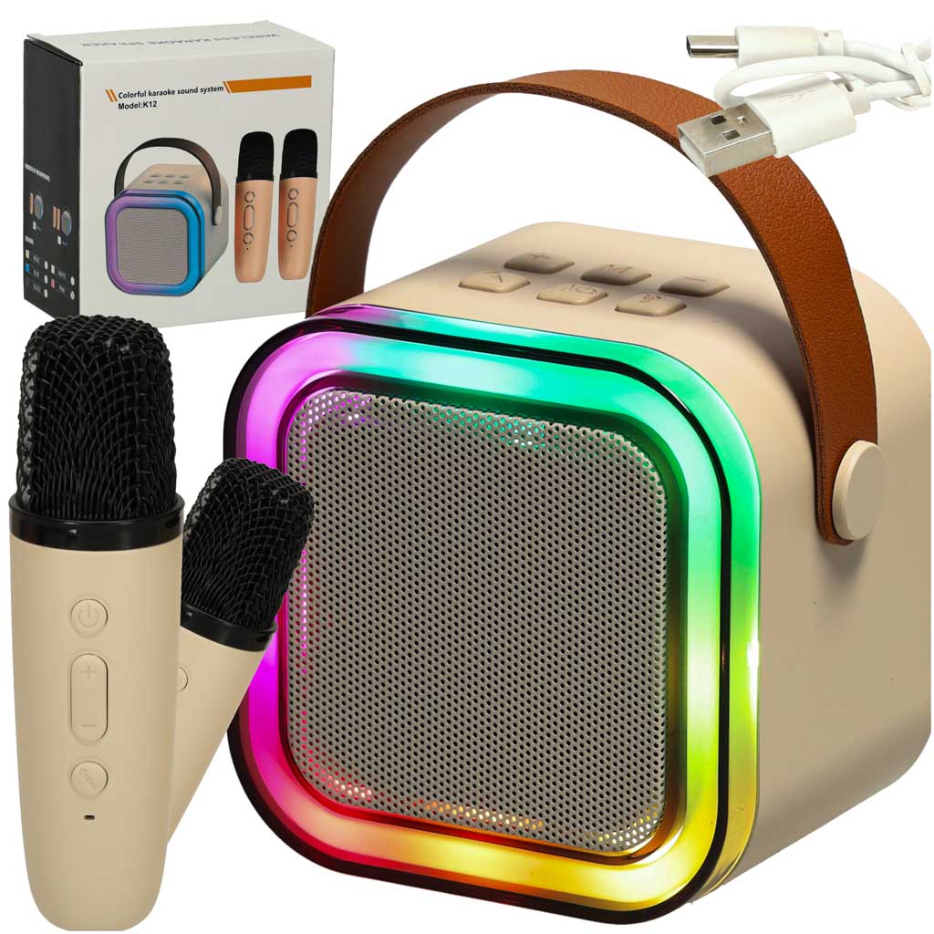Set boxe karaoke cu 2 microfoane, bej