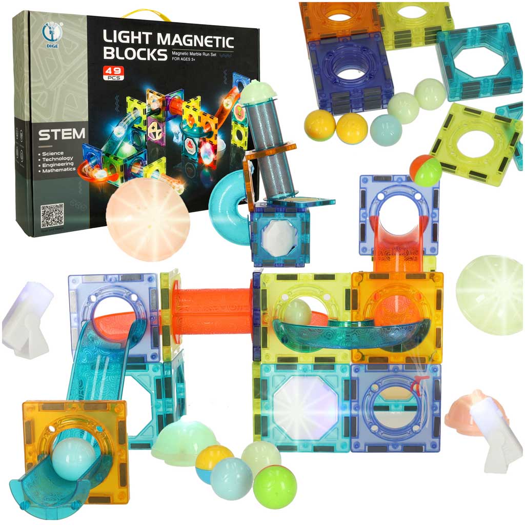 Blocuri magnetice de construcție, pistă cu bile din marmură, luminoase, 49 de piese
