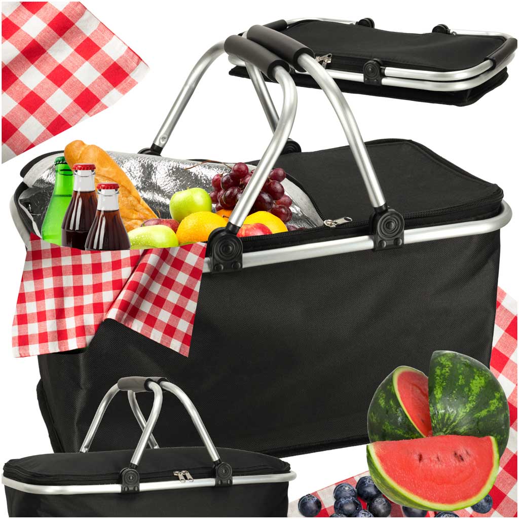 Coș de picnic termic, pliabil, coș de cumpărături izolant, negru