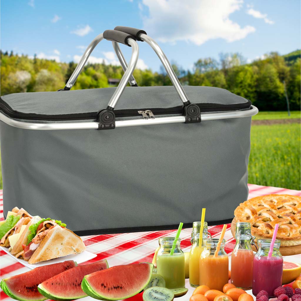 Coș de picnic termic, pliabil, coș de cumpărături izolant, gri