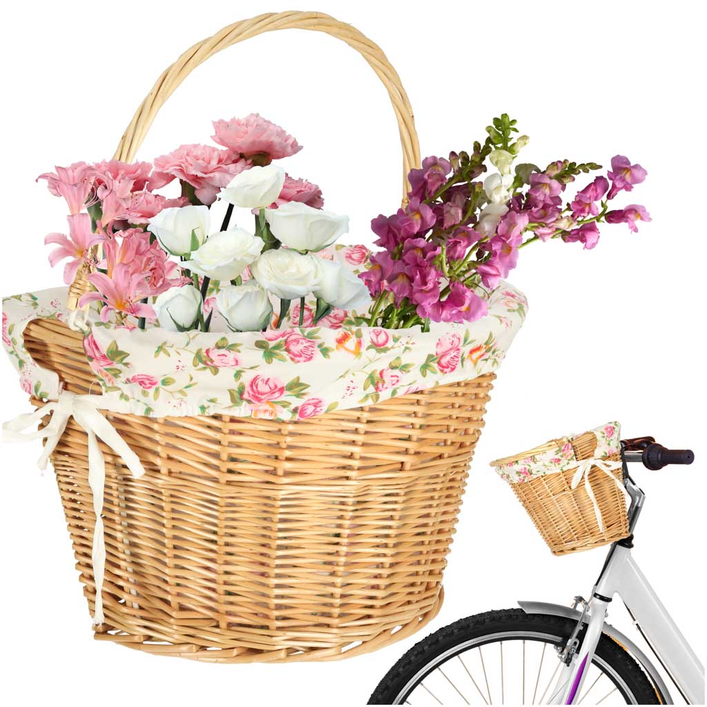 Coș de bicicletă din răchită RALLEX, model țesut cu clicuri, flori