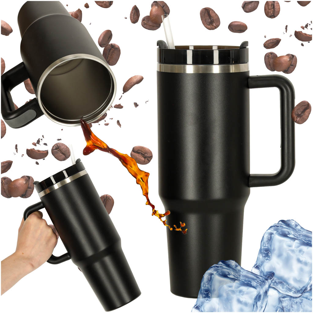 Cană termos cu pai și mâner, 1200 ml, neagră