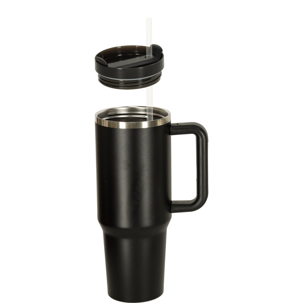 Cană termos cu pai și mâner, 1200 ml, neagră