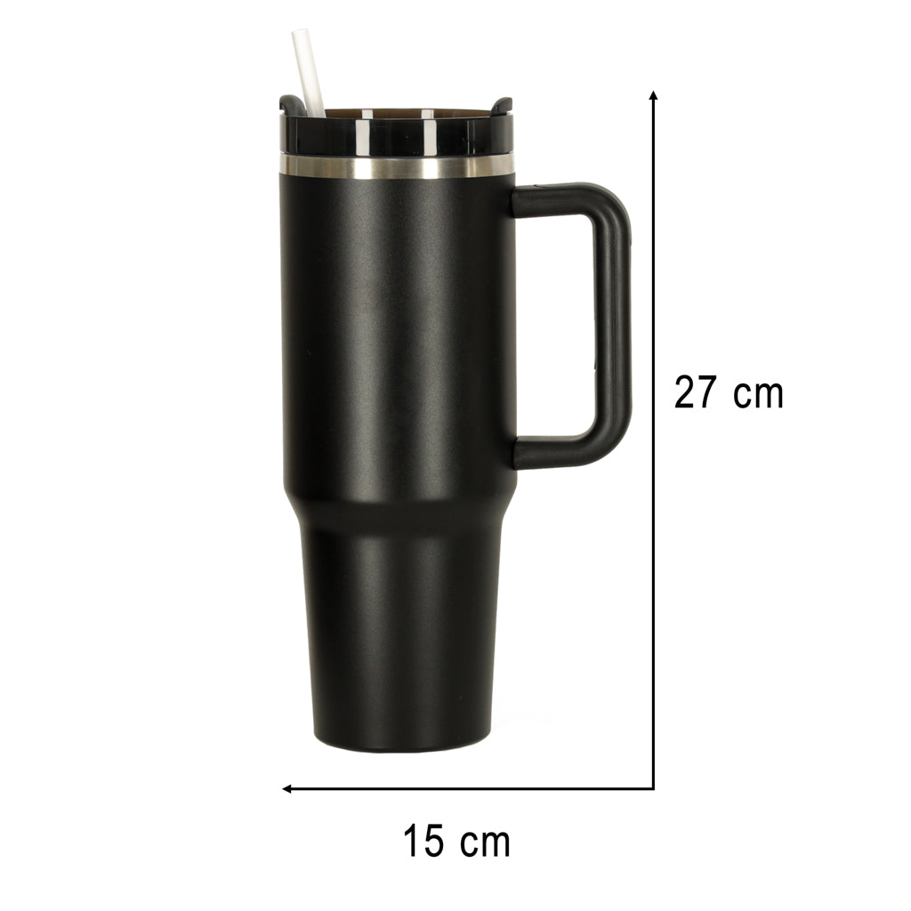 Cană termos cu pai și mâner, 1200 ml, neagră