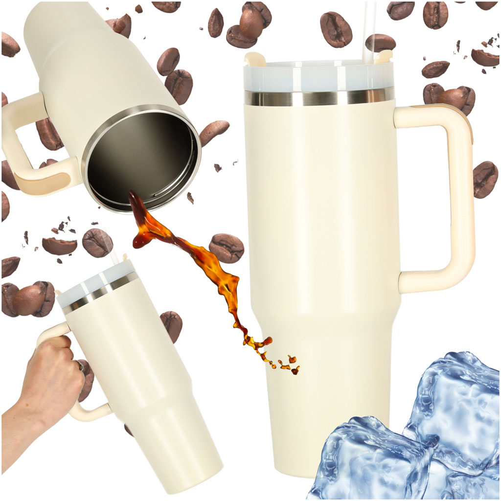Cană termică cu pai și mâner, termos, 1200 ml, cremă