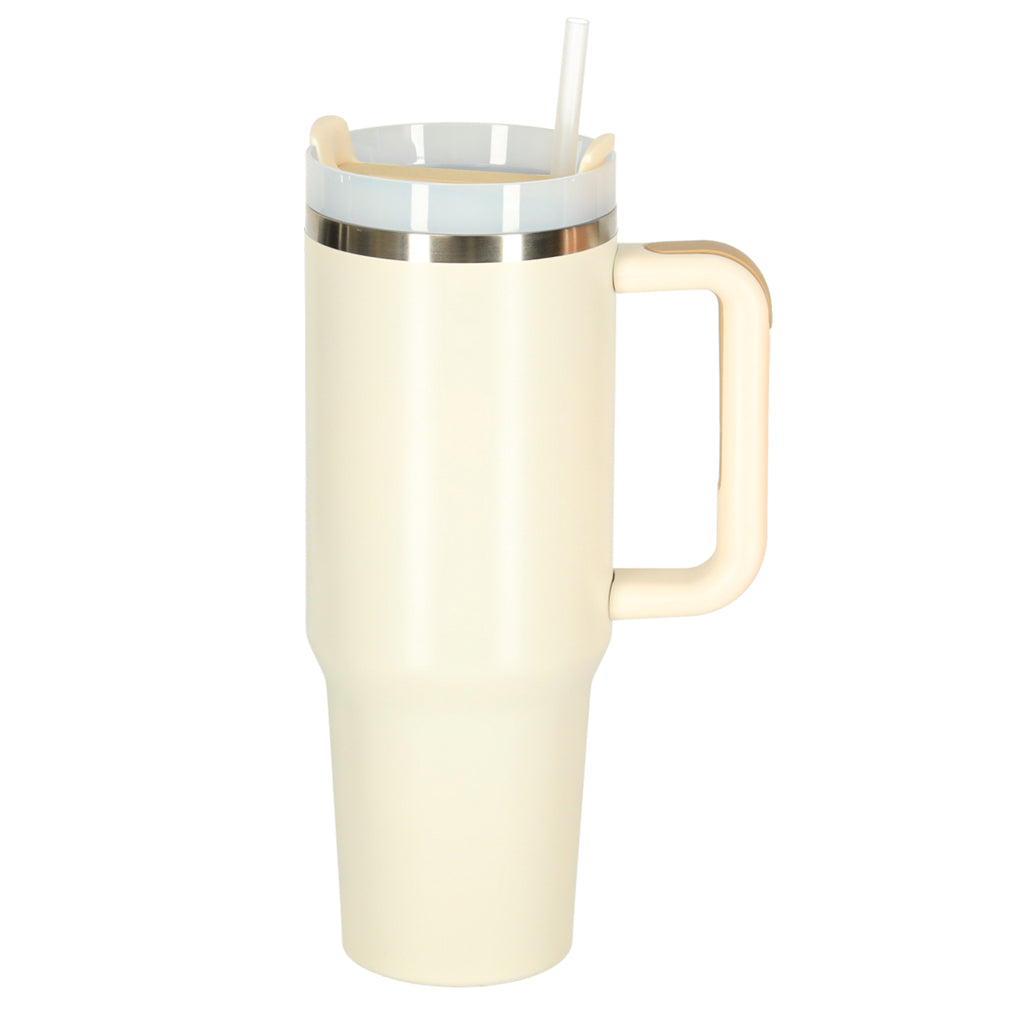 Cană termică cu pai și mâner, termos, 1200 ml, cremă