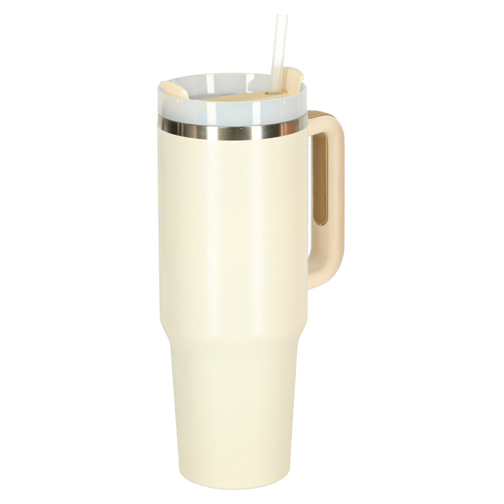 Cană termică cu pai și mâner, termos, 1200 ml, cremă