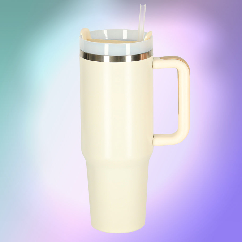 Cană termică cu pai și mâner, termos, 1200 ml, cremă