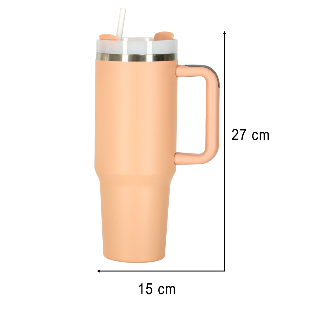 Cană termos cu pai și mâner, 1200 ml, roz pudrat