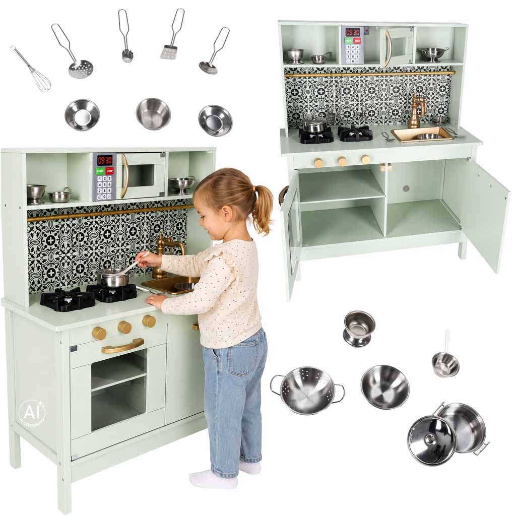 Bucătărie pentru copii, din lemn, MDF, cu accesorii, sunete de mentă