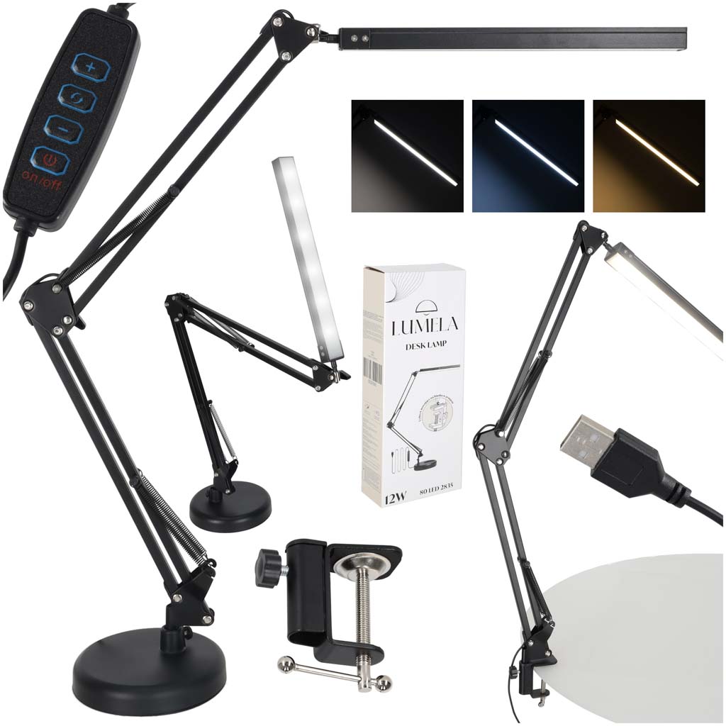 Lampă de birou LED USB cu braț rotativ și 2 opțiuni de montare