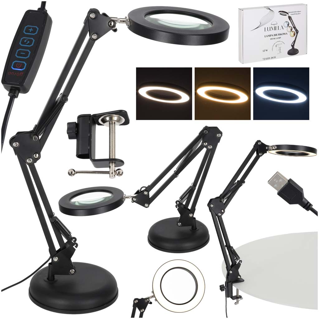 Lampă de birou LED cu lupă, braț rotativ, 2 opțiuni de montare