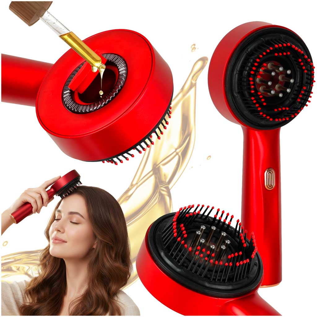Perie de masaj pentru scalp, aplicator de ulei USB, roșu