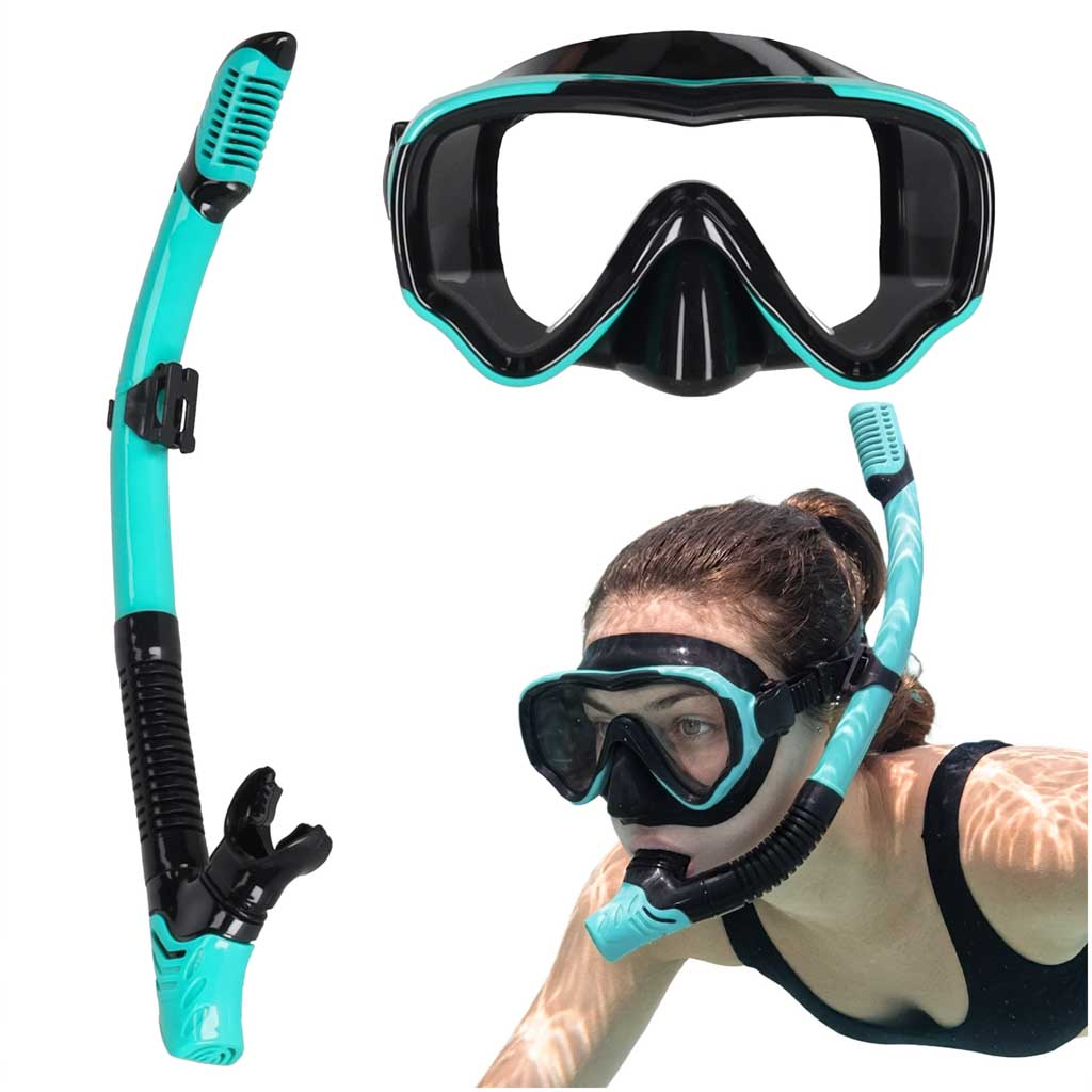Mască de snorkeling, ochelari, tub, set de snorkel, albastru și negru