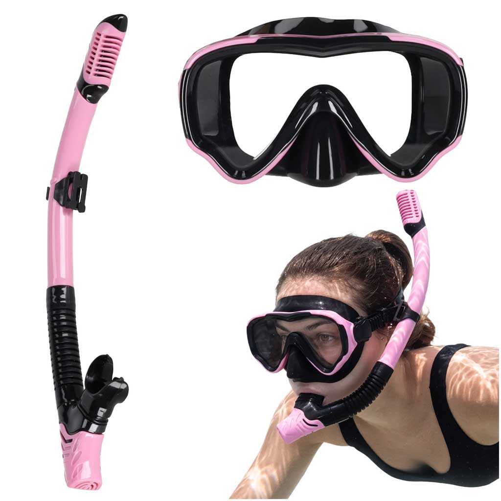 Mască de snorkeling, ochelari, tub, set de snorkel, roz și negru