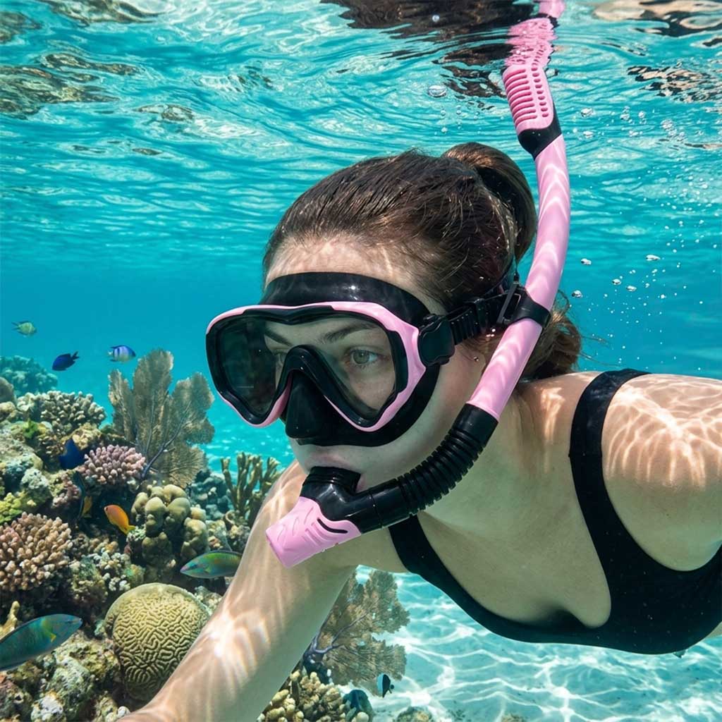 Mască de snorkeling, ochelari, tub, set de snorkel, roz și negru