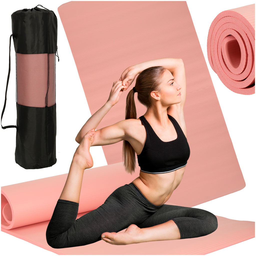 Saltea de yoga, antrenament gimnastică, saltea fitness, groasă, 1,5 cm, roz + husă