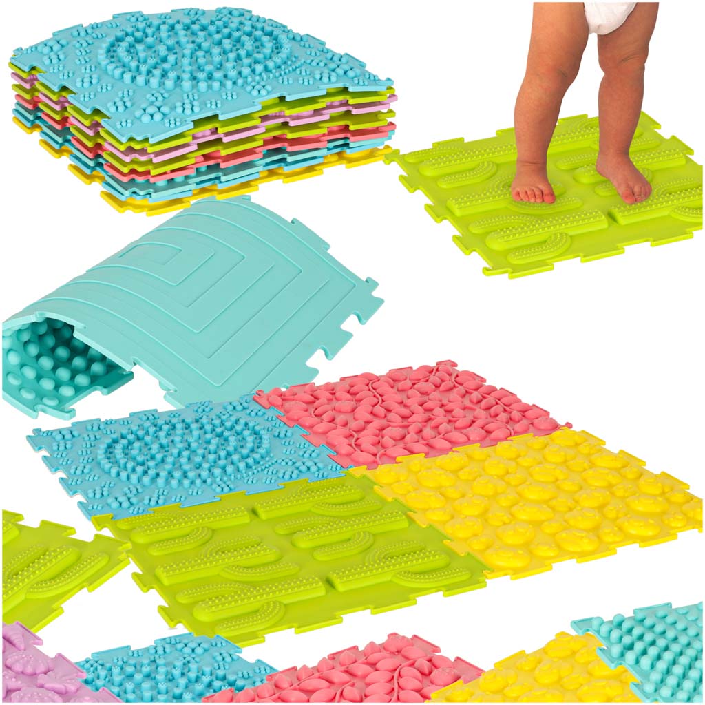 Saltea senzorială Montessori pentru masajul picioarelor, 8 piese, pastel