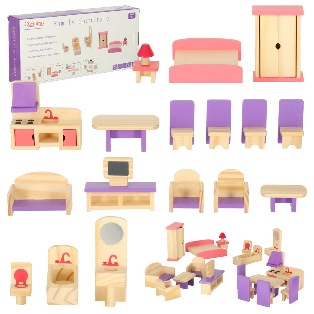 Mobilier din lemn pentru casă de păpuși, violet