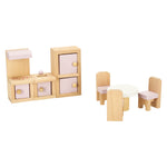 Mobilier pentru casă de păpuși, living, dormitor, baie, bucătărie, lemn, roz