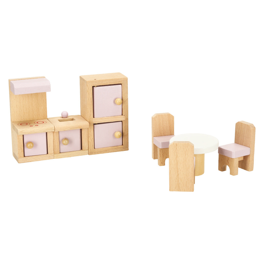 Mobilier pentru casă de păpuși, living, dormitor, baie, bucătărie, lemn, roz