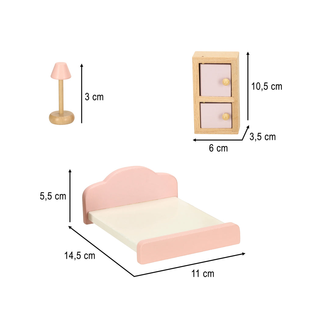 Mobilier pentru casă de păpuși, living, dormitor, baie, bucătărie, lemn, roz
