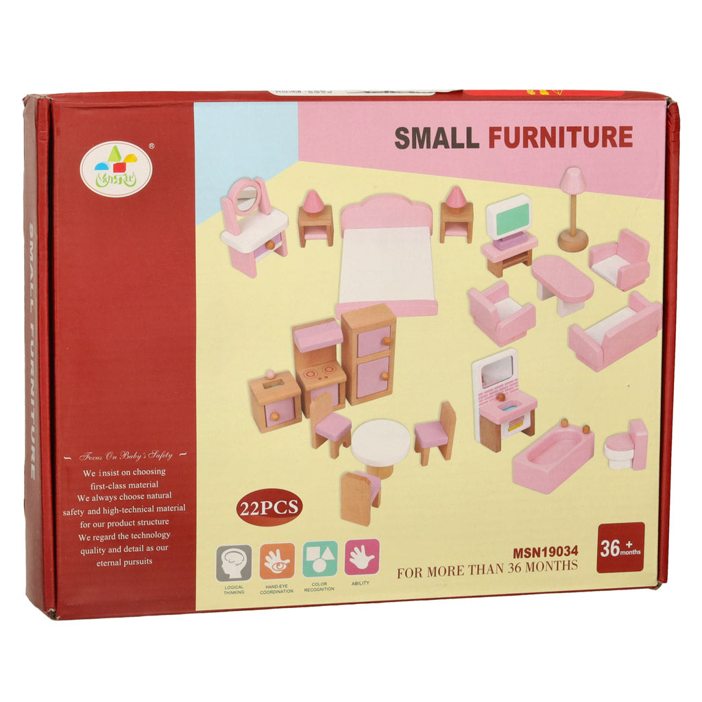 Mobilier pentru casă de păpuși, living, dormitor, baie, bucătărie, lemn, roz